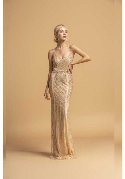 Vintage Inspired Beaded Fitted Long Gown